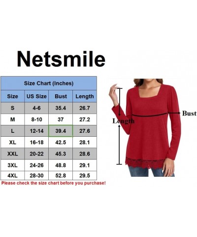 Women's Casual Long Sleeve Square-Neck Tunic Tops Fall Winter Blouse with Lace Hem Square-wine Red $12.00 Tops