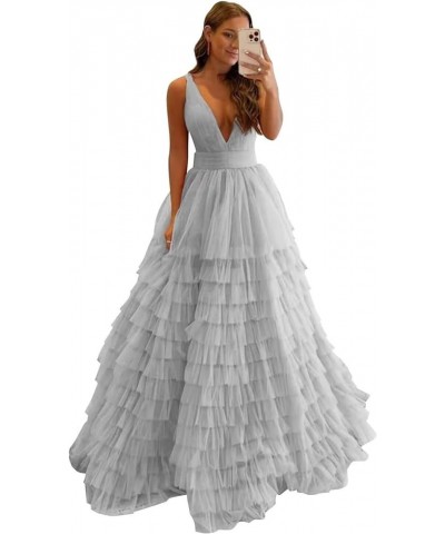 Tiered Tulle Prom Dresses for Women Long V Neck Ball Gown Ruffle Layered Formal Evening Dress Silver $35.52 Dresses