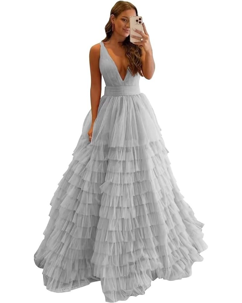 Tiered Tulle Prom Dresses for Women Long V Neck Ball Gown Ruffle Layered Formal Evening Dress Silver $35.52 Dresses