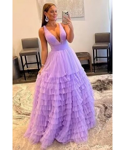 Tiered Tulle Prom Dresses for Women Long V Neck Ball Gown Ruffle Layered Formal Evening Dress Silver $35.52 Dresses