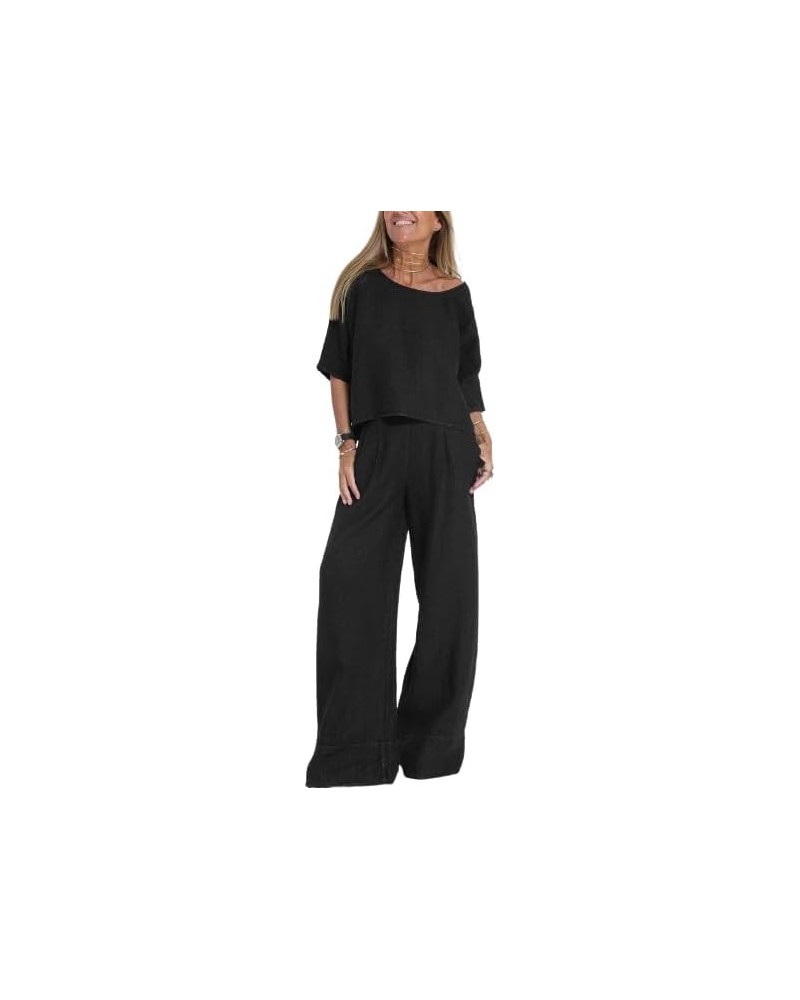 Womens Summer Cotton 2 Piece Outfits Crewneck 3/4 Sleeve Shirt Top Wide Leg Long Pants Suits Linen Jumpsuit Sets Style1-black...