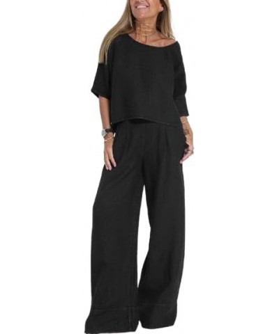 Womens Summer Cotton 2 Piece Outfits Crewneck 3/4 Sleeve Shirt Top Wide Leg Long Pants Suits Linen Jumpsuit Sets Style1-black...