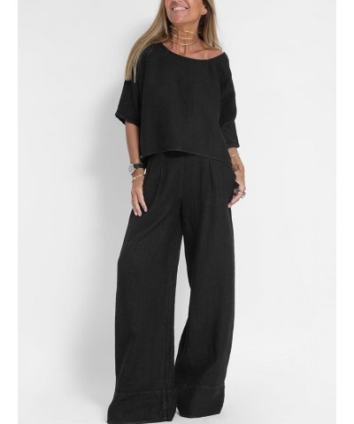 Womens Summer Cotton 2 Piece Outfits Crewneck 3/4 Sleeve Shirt Top Wide Leg Long Pants Suits Linen Jumpsuit Sets Style1-black...