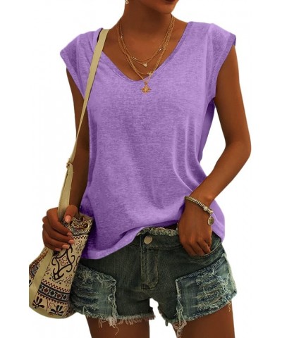 Womens' Cap Sleeve Casual Loose Fit Basic Shirts Tank Tops 00- Light Purple $10.55 Tanks