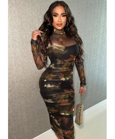 Sexy Long Sleeve Midi Dress for Women Sheer Mesh Printed Two Piece Skirt Set Crew Neck See Through Bodycon Party Clubwear A B...