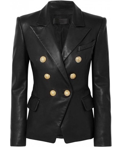 Women's Genuine Lambskin Leather Blazer Slim Fit Jacket Double Breasted Coat RW081 Black $60.27 Coats