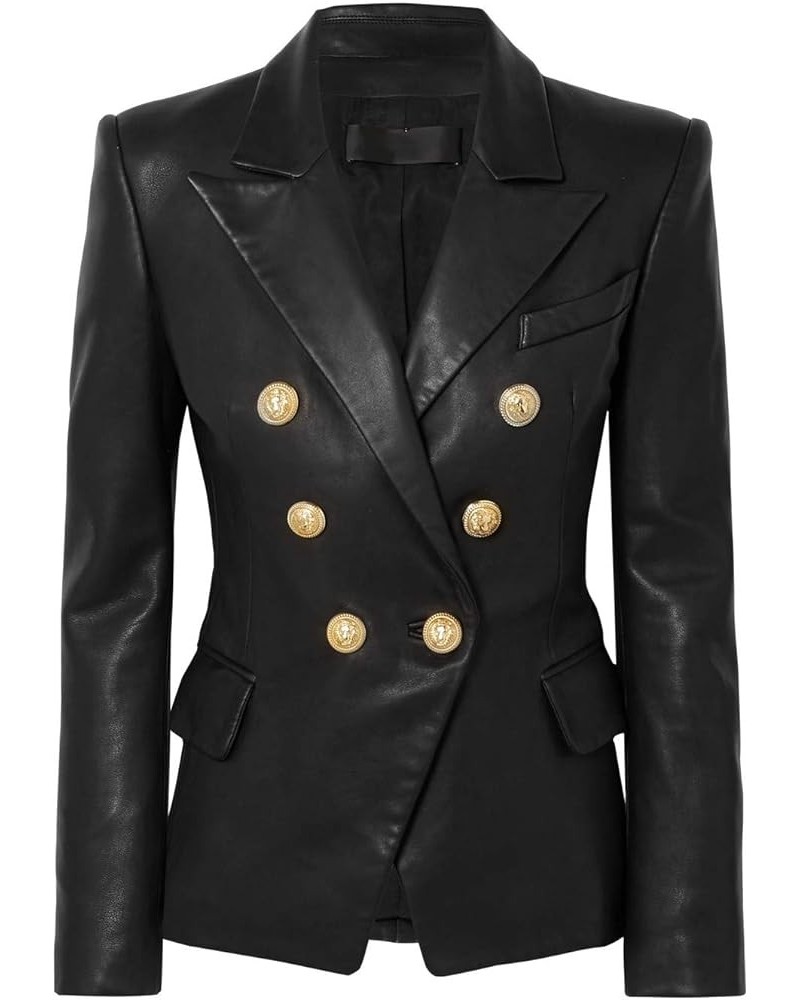 Women's Genuine Lambskin Leather Blazer Slim Fit Jacket Double Breasted Coat RW081 Black $60.27 Coats