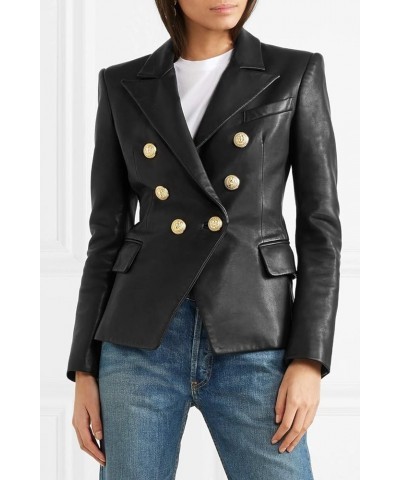 Women's Genuine Lambskin Leather Blazer Slim Fit Jacket Double Breasted Coat RW081 Black $60.27 Coats