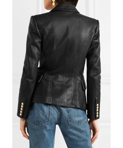 Women's Genuine Lambskin Leather Blazer Slim Fit Jacket Double Breasted Coat RW081 Black $60.27 Coats