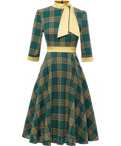 Women's 1950's Vintage Dress Long Sleeve Check Swing Shirt Dress Green $13.05 Dresses