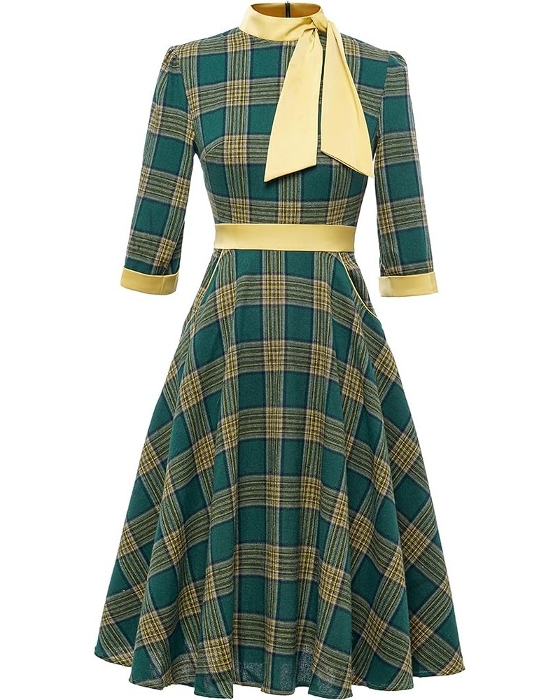 Women's 1950's Vintage Dress Long Sleeve Check Swing Shirt Dress Green $13.05 Dresses