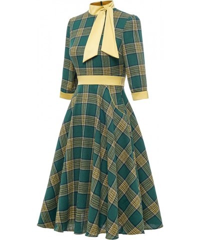 Women's 1950's Vintage Dress Long Sleeve Check Swing Shirt Dress Green $13.05 Dresses