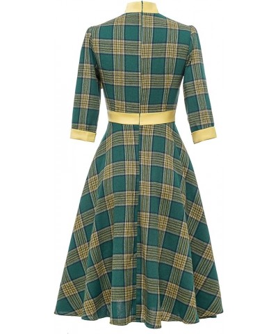 Women's 1950's Vintage Dress Long Sleeve Check Swing Shirt Dress Green $13.05 Dresses