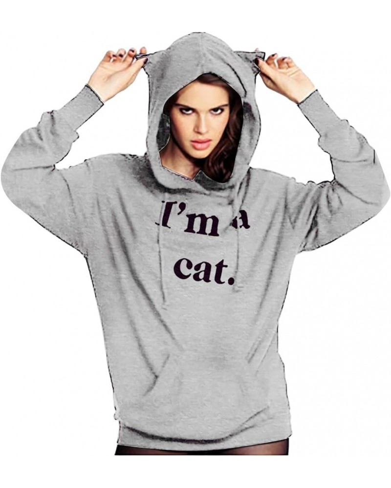 Vintage Hoodies Personality Cool Letter Cat Ear Hooded Sweater Top Tunic Hoodies for Women Grey $11.57 Hoodies & Sweatshirts