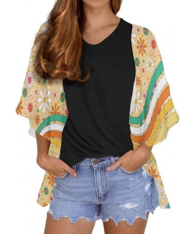 Women's Puff Sleeve Cardigan Coat Open Front Casual Beach Coverups S-4XL Colorful Groovy Flower Print $17.04 Sweaters