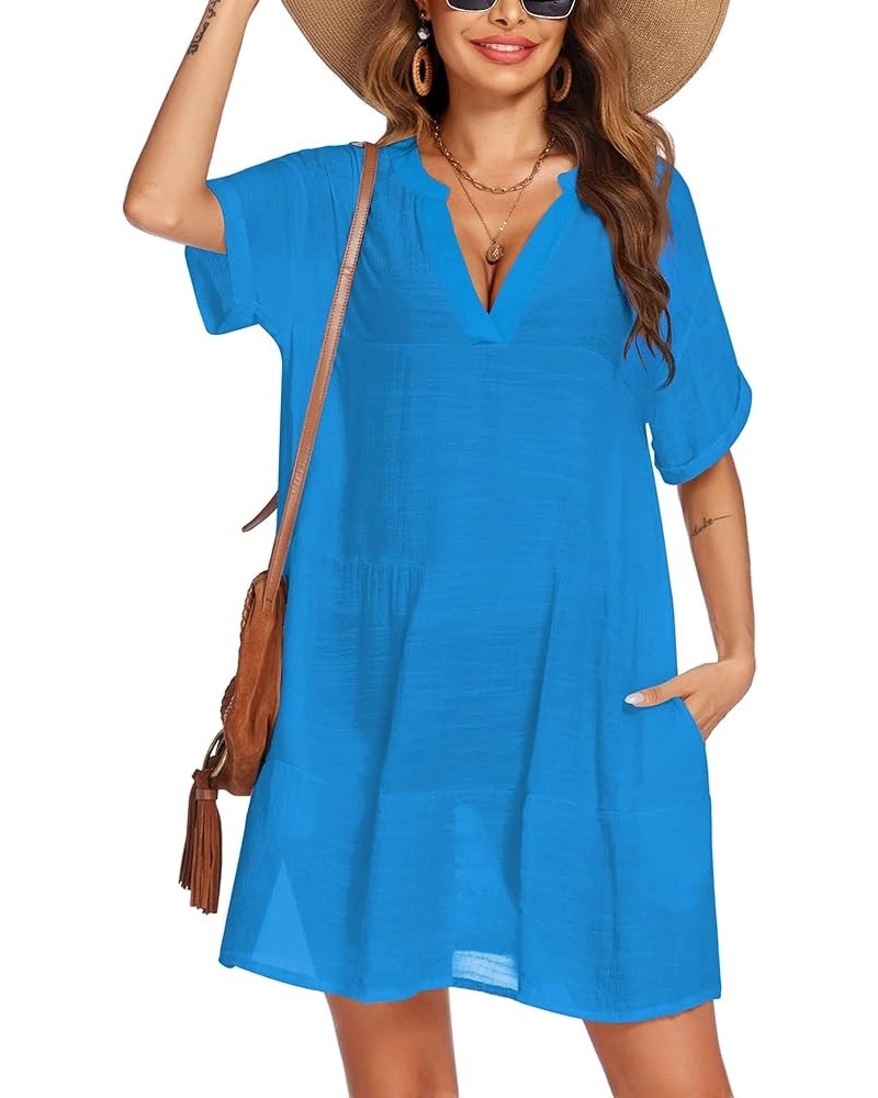 Women's Swimsuit Coverups Bikini Beach Swimwear Cover Up A-line Bathing Suit Cover Up Dress with Pockets A_blue $17.91 Swimsuits