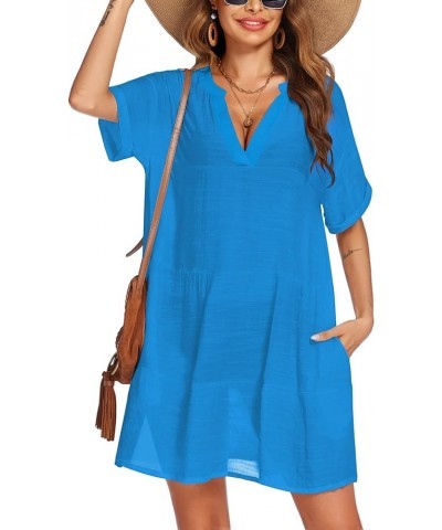 Women's Swimsuit Coverups Bikini Beach Swimwear Cover Up A-line Bathing Suit Cover Up Dress with Pockets A_blue $17.91 Swimsuits