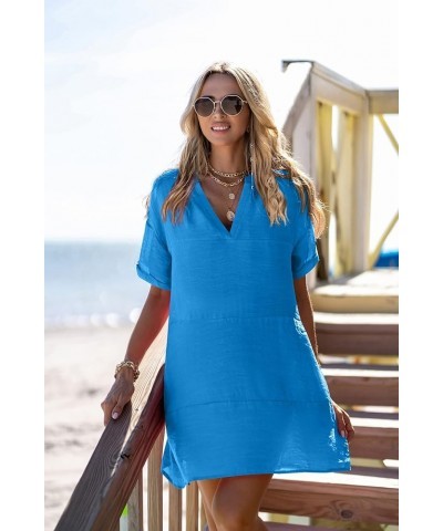 Women's Swimsuit Coverups Bikini Beach Swimwear Cover Up A-line Bathing Suit Cover Up Dress with Pockets A_blue $17.91 Swimsuits