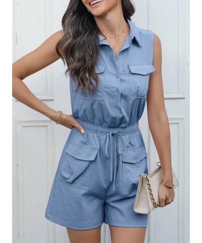 Women's Summer Trooper Utility Cargo Rompers Drawstring Waisted Sleeveless Button Down Pockets Jumpsuits Ashleigh Blue $15.58...