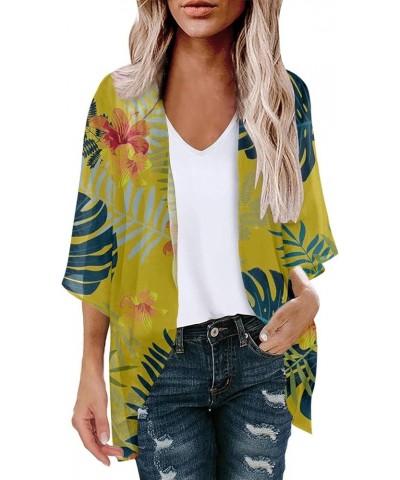 Cardigan for Women Open Front 3/4 Sleeve Lightweight Cardigans Floral Print Loose Fit Casual Chiffon Cover-Up Tops 15 Yellow ...