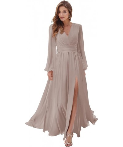 Women's Long Sleeve Bridesmaid Dresses with Slit V Neck A Line Chiffon Formal Evening Gowns with Pockets YJ107 Taupe $26.19 D...