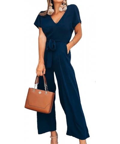 Womens Jumpsuits 2023 Tie Waist V Neck Jumpsuits Wide Leg Pants Casual Romper with Pockets Navy Blue $15.99 Jumpsuits