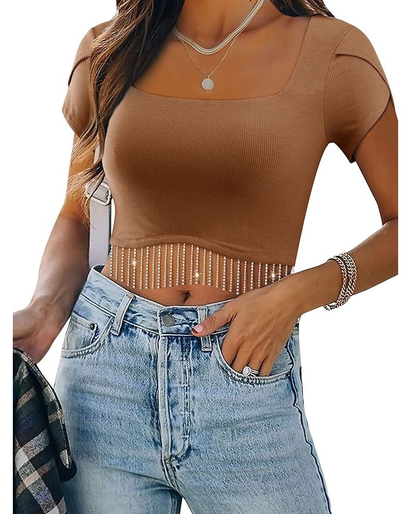 Women Nashville Sparkly Rhinestone Fringe Petal Sleeve Crop Top Square Neck Cropped Shirt Tops with Glitter Tassel A4-brown $...