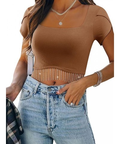 Women Nashville Sparkly Rhinestone Fringe Petal Sleeve Crop Top Square Neck Cropped Shirt Tops with Glitter Tassel A4-brown $...