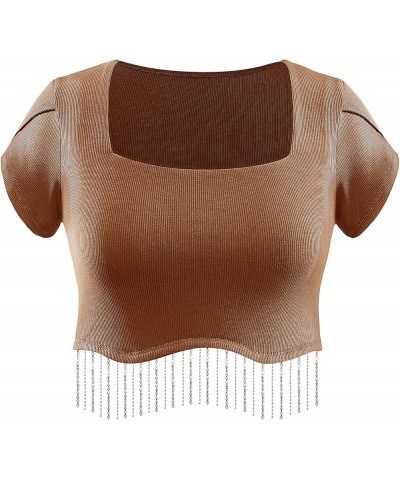 Women Nashville Sparkly Rhinestone Fringe Petal Sleeve Crop Top Square Neck Cropped Shirt Tops with Glitter Tassel A4-brown $...