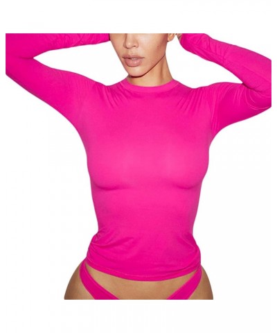 Women Crewneck Skinny Shirt Long Sleeve Basic Slim Crop T Shirts Y2K Pullovers Tight Tee Tops Bodycon Blouse A Rose Red $10.7...