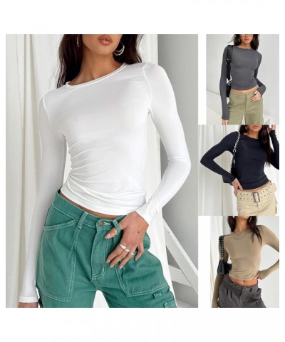 Women Crewneck Skinny Shirt Long Sleeve Basic Slim Crop T Shirts Y2K Pullovers Tight Tee Tops Bodycon Blouse A Rose Red $10.7...