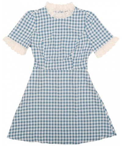 Women's Halloween Dorothy Dress Costume Summer Ruffle Neck Lace Panel Short Sleeve Check Gingham Dress Lake Blue $15.30 Others