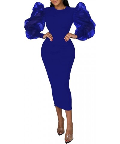 Women's Crewneck Mesh Puff Long Sleeve Zipper Cocktail Bodycon Midi Dress Royal Blue $18.00 Dresses