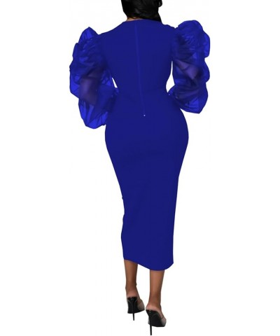 Women's Crewneck Mesh Puff Long Sleeve Zipper Cocktail Bodycon Midi Dress Royal Blue $18.00 Dresses