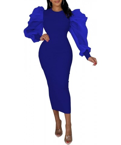 Women's Crewneck Mesh Puff Long Sleeve Zipper Cocktail Bodycon Midi Dress Royal Blue $18.00 Dresses