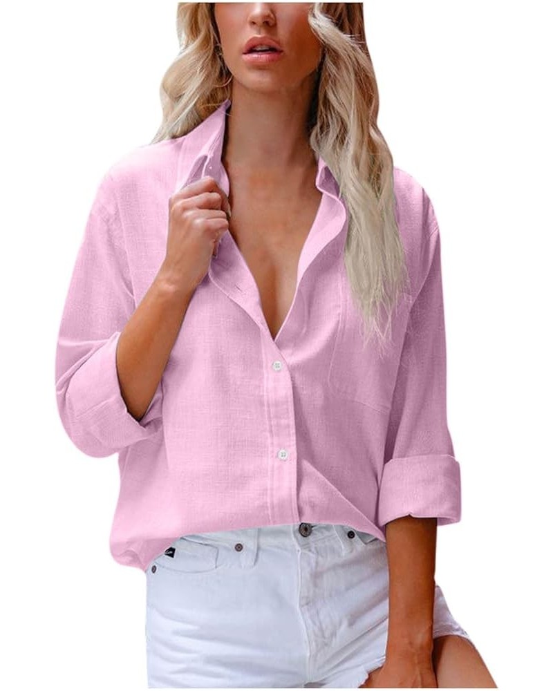 Womens Cotton Linen Shirts Long Sleeve Button Down Collared Blouses Summer Casual Roll Up Solid Work Office T-Shirt Pink $10....