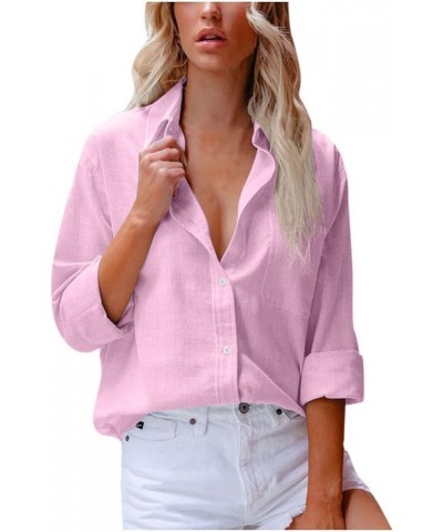 Womens Cotton Linen Shirts Long Sleeve Button Down Collared Blouses Summer Casual Roll Up Solid Work Office T-Shirt Pink $10....