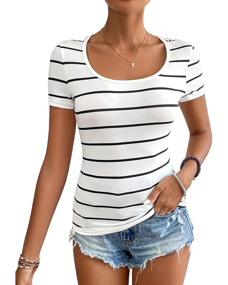 Women's Ribbed Knit Scoop Neck Striped Short Sleeve Fitted Tee Summer Top White $12.47 T-Shirts