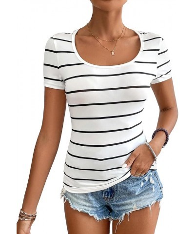 Women's Ribbed Knit Scoop Neck Striped Short Sleeve Fitted Tee Summer Top White $12.47 T-Shirts