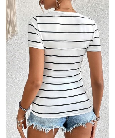 Women's Ribbed Knit Scoop Neck Striped Short Sleeve Fitted Tee Summer Top White $12.47 T-Shirts