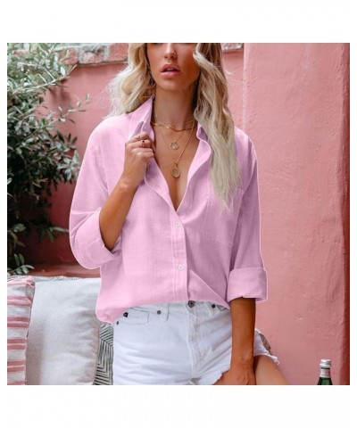 Womens Cotton Linen Shirts Long Sleeve Button Down Collared Blouses Summer Casual Roll Up Solid Work Office T-Shirt Pink $10....