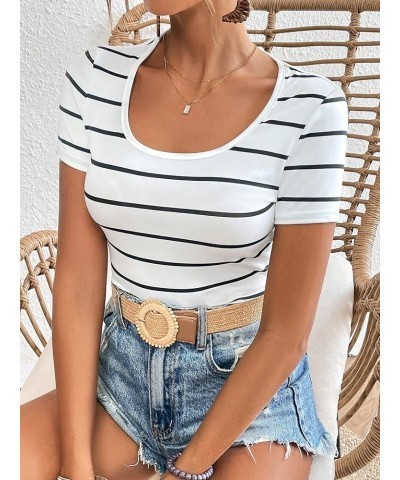 Women's Ribbed Knit Scoop Neck Striped Short Sleeve Fitted Tee Summer Top White $12.47 T-Shirts