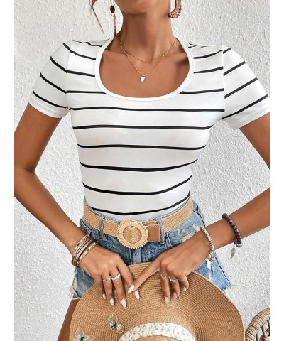 Women's Ribbed Knit Scoop Neck Striped Short Sleeve Fitted Tee Summer Top White $12.47 T-Shirts