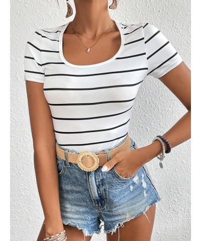 Women's Ribbed Knit Scoop Neck Striped Short Sleeve Fitted Tee Summer Top White $12.47 T-Shirts