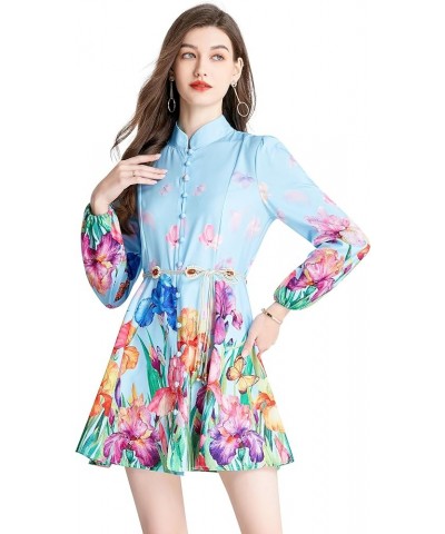 Women's Floral Print Button up Lantern Sleeve Casual Shirt Dress A-line Mini Dress 24980 Blue $19.79 Dresses