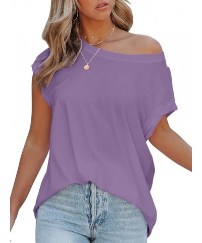 Women's Casual Short Sleeve Off Shoulder Oversized T Shirt Outdoor Soft Basic Tunic Tops Purple $14.74 T-Shirts