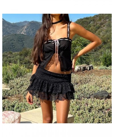 Women Lace Mesh Skirt Set Long Sleeve Tie-up Sheer Crop Top Low Waist Mini Bodycon Skirt Y2K Clubwear 2 Pcs Outfit E_ Black 2...