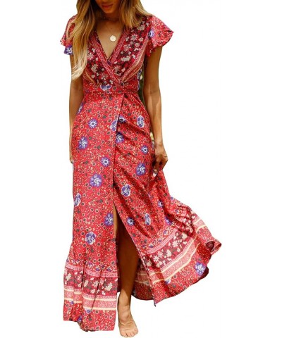 Women's Summer Short Sleeve Floral Print Bohemian Beach Waist Tie Wrap Long Flowy Dress with Slit Red1 $13.42 Dresses