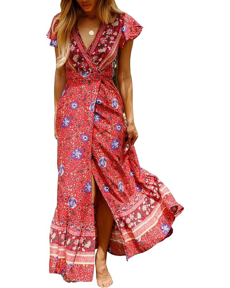 Women's Summer Short Sleeve Floral Print Bohemian Beach Waist Tie Wrap Long Flowy Dress with Slit Red1 $13.42 Dresses