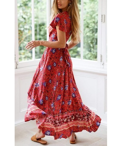 Women's Summer Short Sleeve Floral Print Bohemian Beach Waist Tie Wrap Long Flowy Dress with Slit Red1 $13.42 Dresses